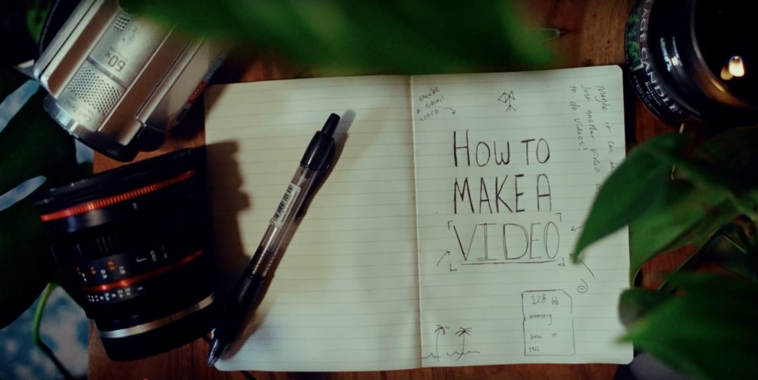 how to make a video written on the right page of a book surrounded by lenses and camera